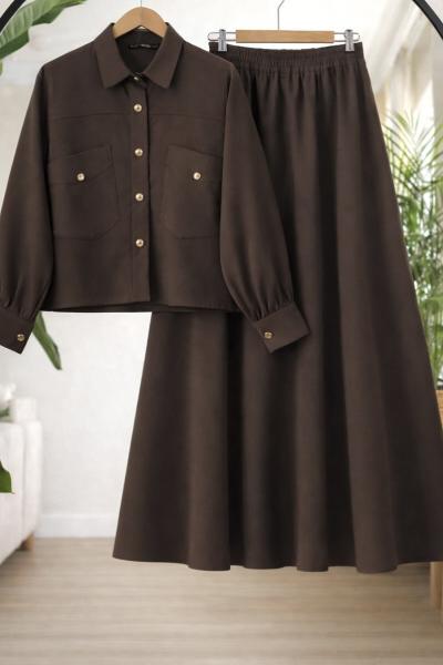 Cepli düğmeli Tensel etekli Takım Kahverengi TCN40157