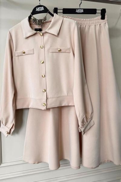 Cepli düğmeli volanlı etek blüz takım Bej   UMS50113