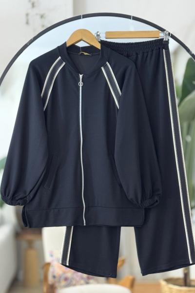 Cepli fermuarlı şeritli Oysh Takım Siyah TCN40113