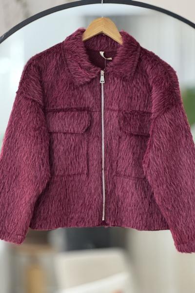 Cepli fermuarlı Pelüş Kısa ceket Bordo TB8030