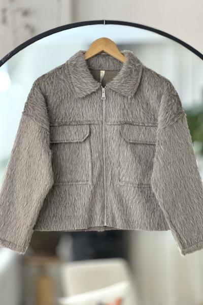 Cepli fermuarlı Pelüş Kısa ceket Vizon TB8030