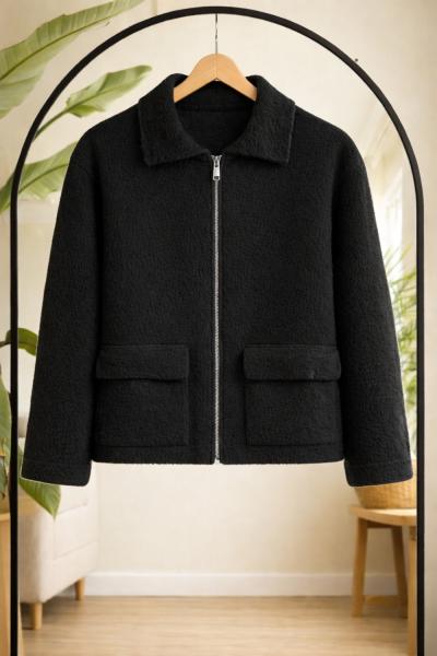 Cepli fermuarlı kısa sakallı Hırka Siyah  TB8056