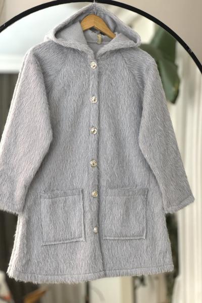 Cepli kapşonlu önü düğmeli kap Gri TB8031