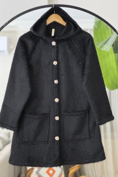 Cepli kapşonlu önü düğmeli kap Siyah TB8031