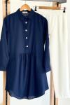 Cepli  keten kumaş yarım düğmeli tunik lacivert SLT1618