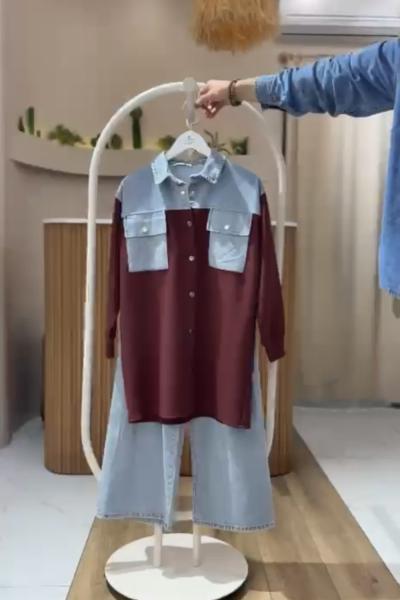 Cepli Kumaş  detaylı Kot takım Bordo YR30552