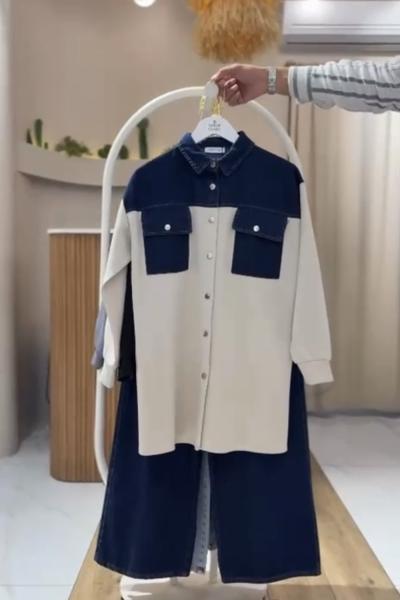 Cepli Kumaş  detaylı Kot takım Bej-lacivert  YR30552