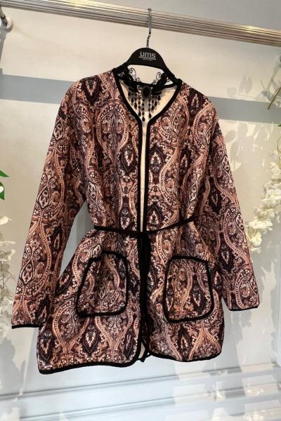 Cepli Kuşaklı Desenli Kapitone ceket hırka Kahve UMS50317