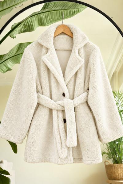 Cepli Kuşaklı Peluş Ceket Mont Ekru SL2719
