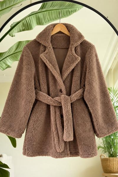 Cepli Kuşaklı Peluş Ceket Mont Kahve SL2719