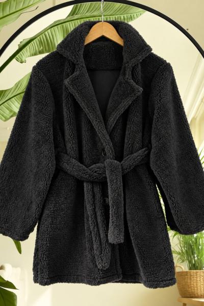 Cepli Kuşaklı Peluş Ceket Mont Siyah SL2719