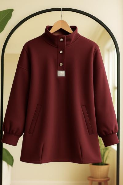 Cepli Yaka çıt çıtlı taşlı tunik Bordo BK9529