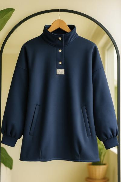 Cepli Yaka çıt çıtlı taşlı tunik Lacıvert BK9529