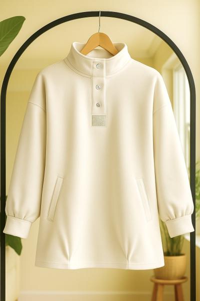 Cepli Yaka çıt çıtlı taşlı tunik Beyaz BK9529