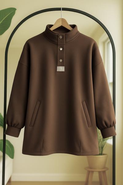 Cepli Yaka çıt  çıtlı taşlı tunik Kahve BK9529