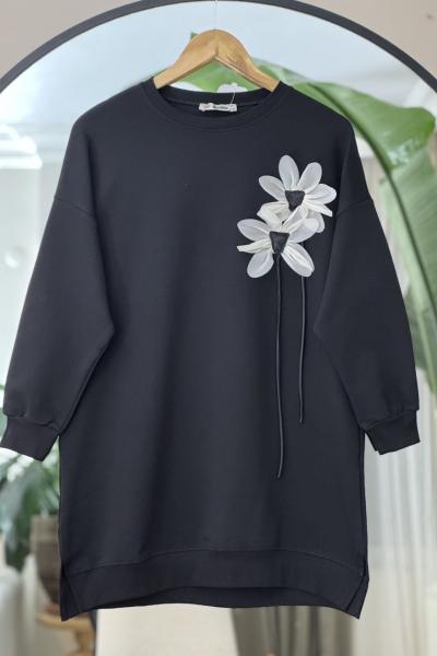 Çiçek detaylı Tunik  Siyah DST2035