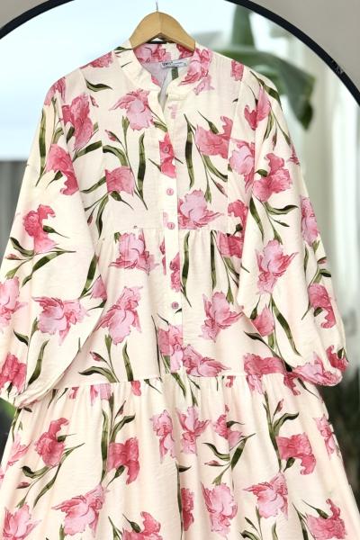 Çiçek Desenli patlı  Yarım Düğmeli  elbise Pembe UMS50306