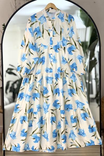 Çiçek Desenli patlı  Yarım Düğmeli  elbise Mavi UMS50306