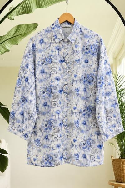 Çiçek Desenli kuşaklı Tunik Mavi PL2078