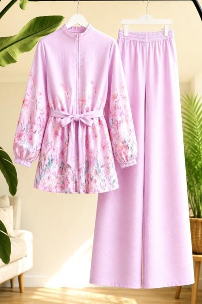 Çiçek Desenli  pantolon ceket Takım Pembe EF2095