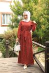 Çiçek Desenli Örme Krep Kumaş Elbise  Tarçın  HBS645