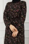 Çiçek Desenli Elbise Siyah HBS892