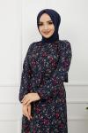 Çiçek Desenli Elbise Lacivert HBS892