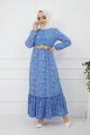 Çiçek Desen Hasırkemerli Viskon Elbise Mavi HBS921