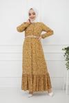 Çiçek Desen Hasırkemerli Viskon Elbise Hardalsarısı  HBS921