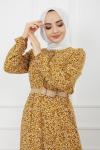 Çiçek Desen Hasırkemerli Viskon Elbise Hardalsarısı  HBS921