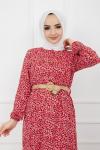 Çiçek Desen Hasırkemerli Viskon Elbise Bordo  HBS921