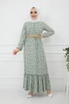 Çiçek Desen Hasırkemerli Viskon Elbise Mintyeşili   HBS921