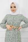 Çiçek Desen Hasırkemerli Viskon Elbise Mintyeşili   HBS921