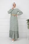 Çiçek Desen Hasırkemerli Viskon Elbise Mintyeşili   HBS921
