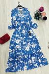 Çiçek Desenli Viskon Kumaş Elbise Mavi UMS948