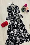 Çiçek Desenli Viskon Kumaş Elbise Siyah  UMS948