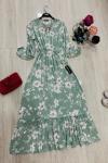 Çiçek Desenli Viskon Kumaş Elbise Yeşil  UMS948
