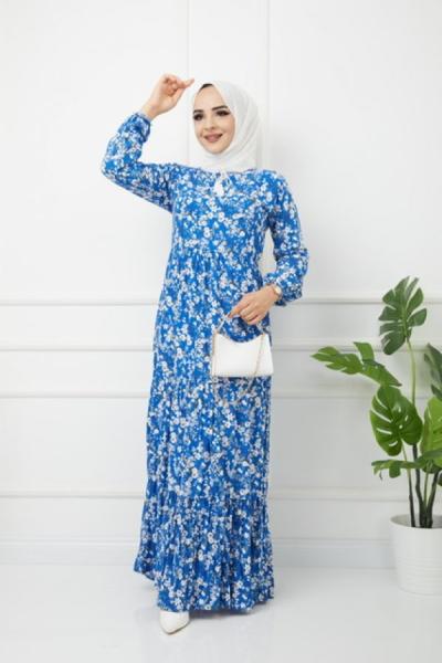 Çiçek Desenli Elbise Mavi HBS1155
