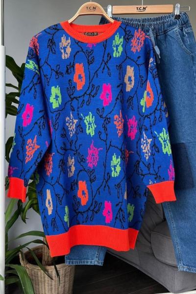 Çiçek desenli triko tunik Saks  TCN4009