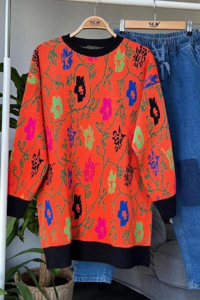 Çiçek desenli triko tunik TuruncuTCN4009
