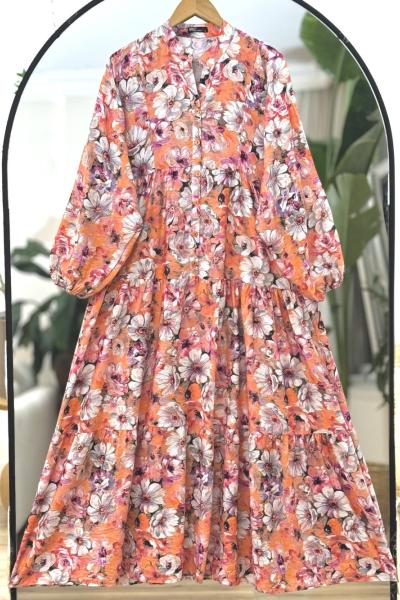 Çiçekli lilyüm salaş patlı elbise Turuncu UMS60305