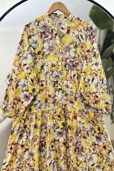 Çiçekli lilyüm salaş patlı elbise Sarı UMS60305