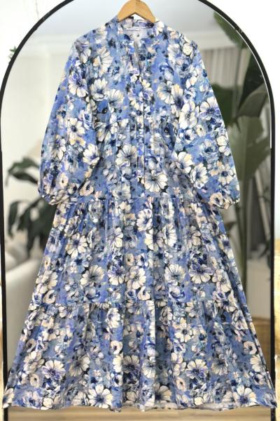 Çiçekli lilyüm salaş patlı elbise Mavi UMS60305