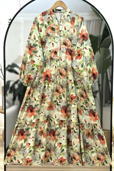 Çiçekli lilyüm salaş patlı elbise yeşil UMS60305