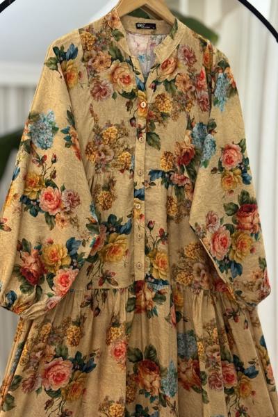 Çiçekli lilyüm salaş patlı elbise Camel UMS60305