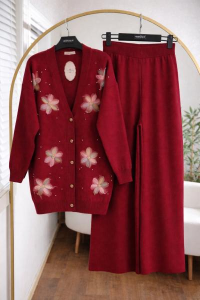 Çiçekli Triko Takım bordo  NEW6026