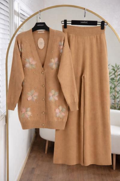 Çiçekli Triko Takım  camel NEW6026