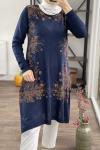 Çiçekli incili baskılı triko tunik
