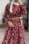Çiçekli hasır kemerli Pegasus elbise Bordo  HBS1477