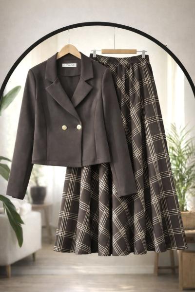 Çift Düğmeli Ekose Etek Ceket Takım Kahve UMS50336